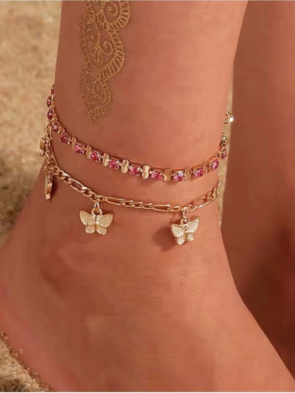 Gold Butterfly Charm Anklet Set with Pink Stones